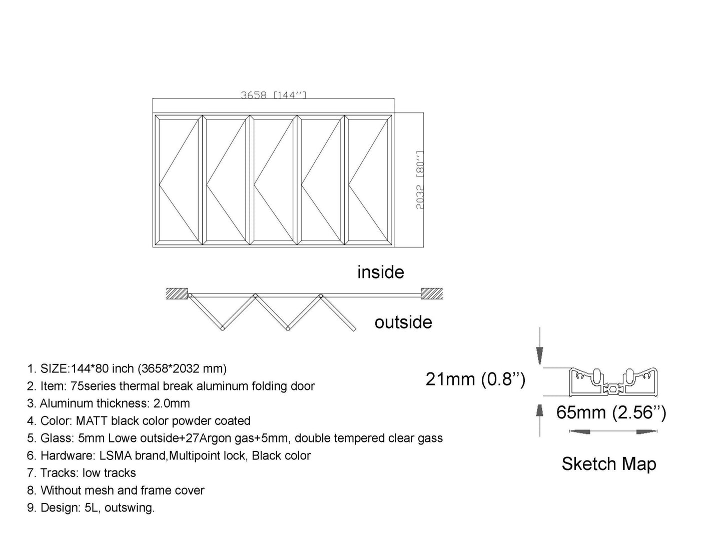 Aluminum Bifold Door 144"Wx80"H - OUT SWING FROM EXTERIOR VIEW image 1