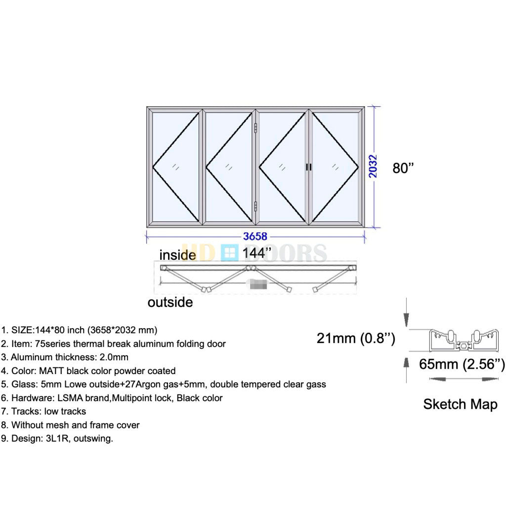 Aluminum Bifold Door 144"Wx80"H - OUT SWING FROM EXTERIOR VIEW image