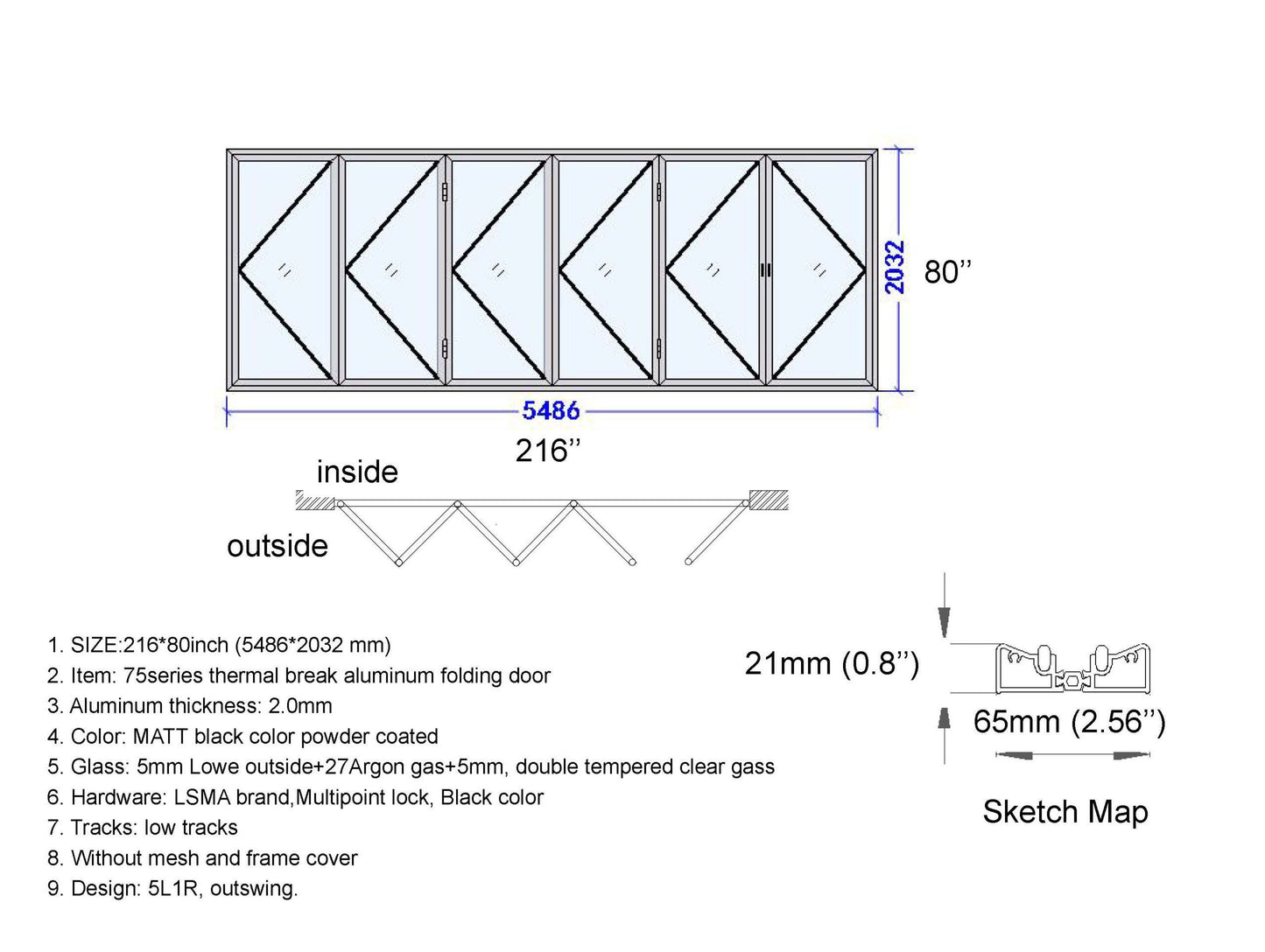 Aluminum Bifold Door 216"Wx80"H - OUT SWING FROM EXTERIOR VIEW image 16