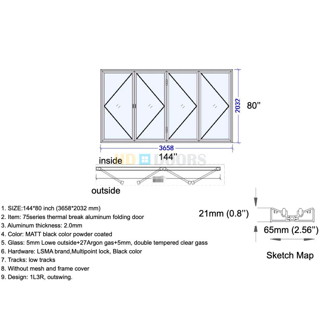 Aluminum Bifold Door 144"Wx80"H - OUT SWING FROM EXTERIOR VIEW image