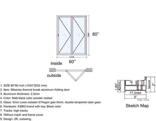 Aluminum Bifold Door 60"Wx80"H - OUT SWING FROM EXTERIOR VIEW image 1