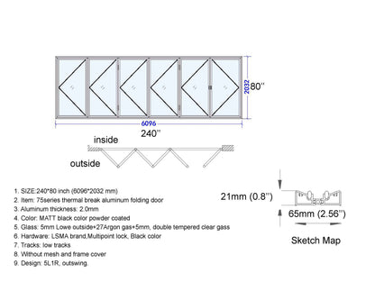 Aluminum Bifold Door 240"Wx80"H - OUT SWING FROM EXTERIOR VIEW image