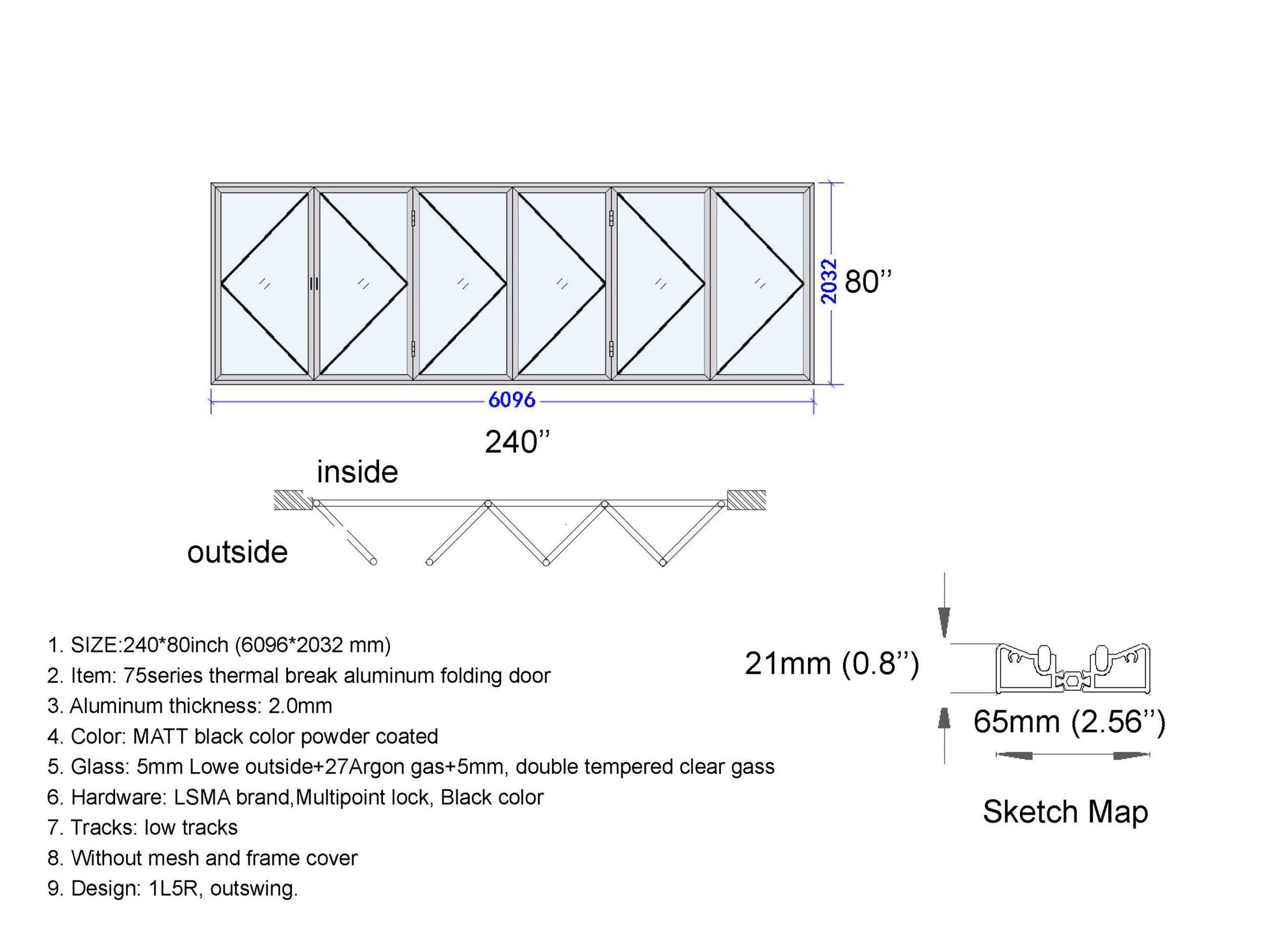 Aluminum Bifold Door 240"Wx80"H - OUT SWING FROM EXTERIOR VIEW image