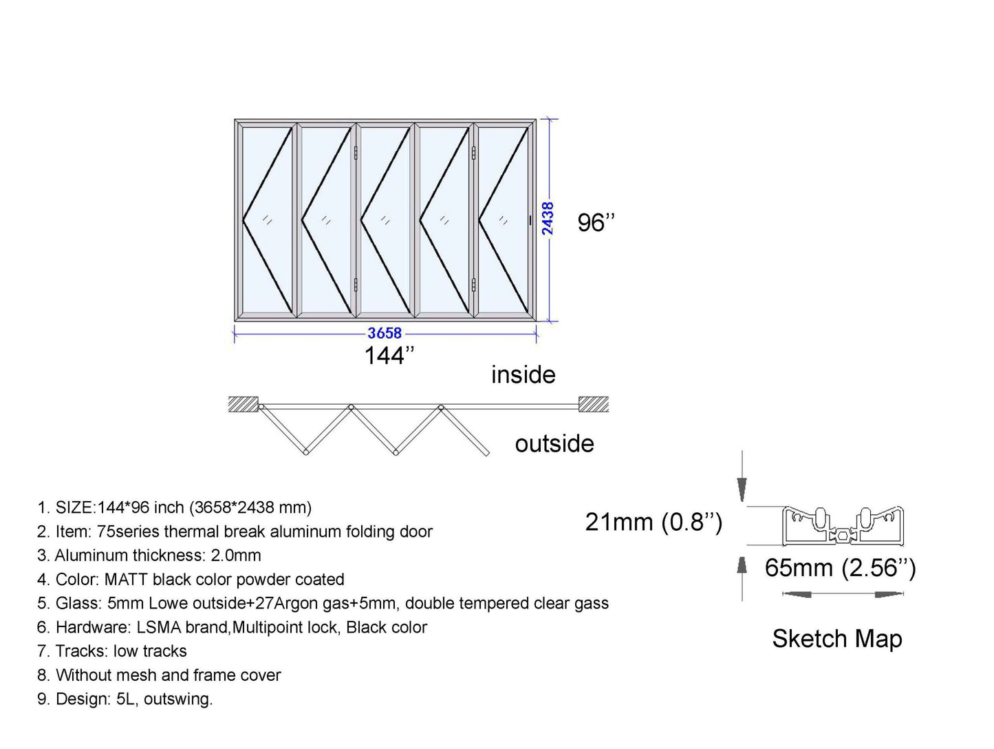 Aluminum Bifold Door 144"Wx96"H - OUT SWING FROM EXTERIOR VIEW image