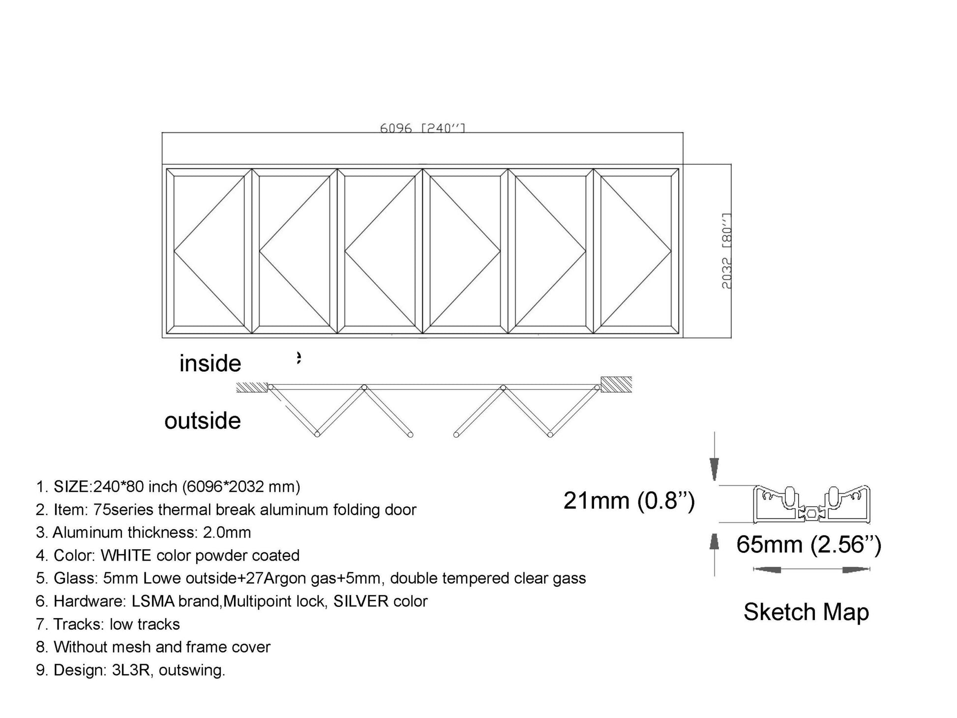 Aluminum Bifold Door 240"Wx80"H - OUT SWING FROM EXTERIOR VIEW image 18