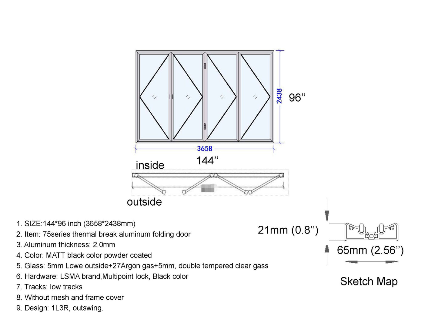 Aluminum Bifold Door 144"Wx96"H - OUT SWING FROM EXTERIOR VIEW image