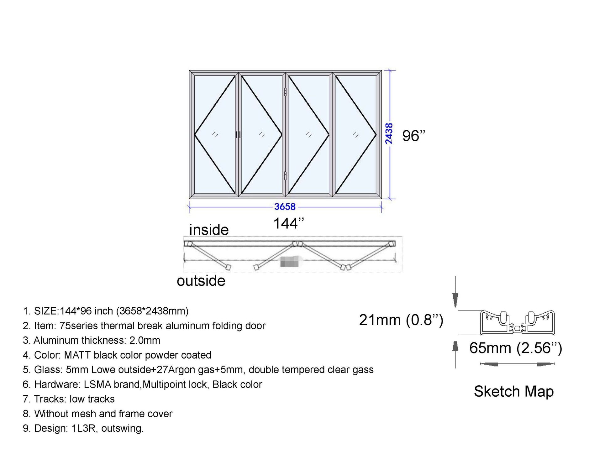 Aluminum Bifold Door 144"Wx96"H - OUT SWING FROM EXTERIOR VIEW image