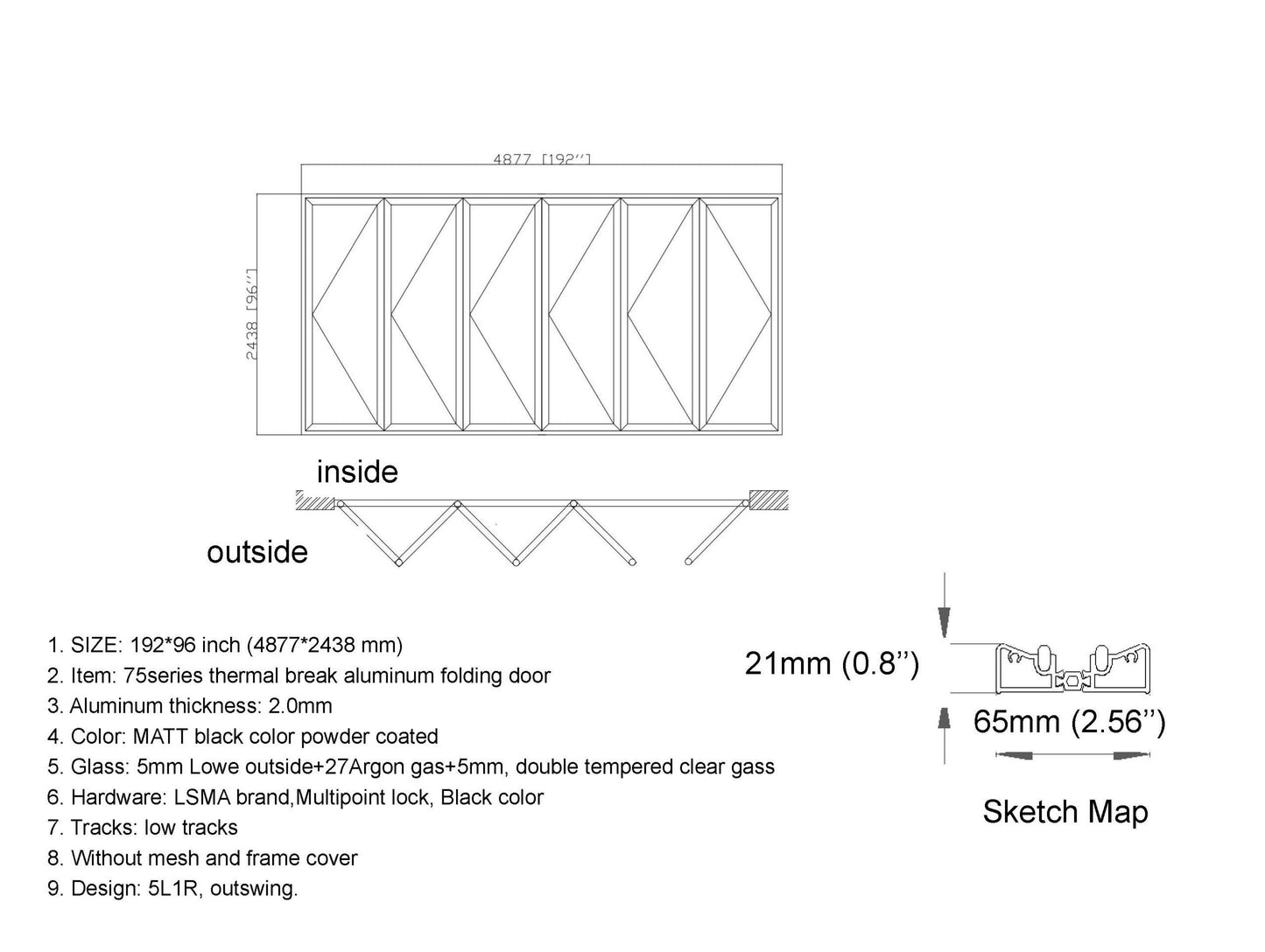 Aluminum Bifold Door 192"Wx96"H - OUT SWING FROM EXTERIOR VIEW image