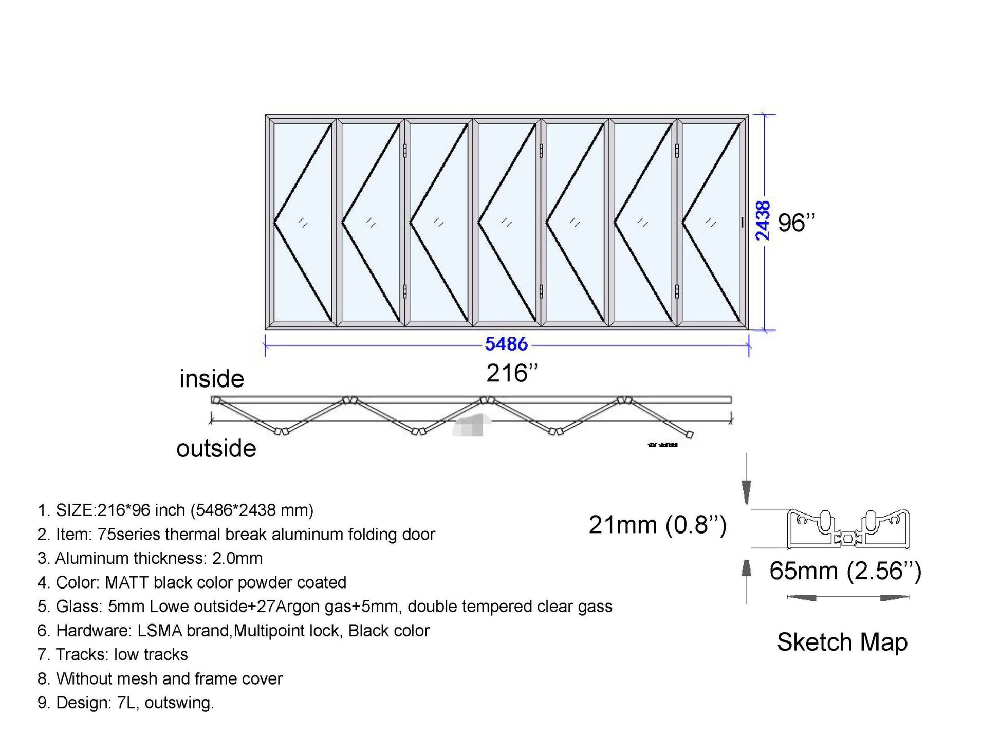 Aluminum Bifold Door 216"Wx96"H - OUT SWING FROM EXTERIOR VIEW image 16