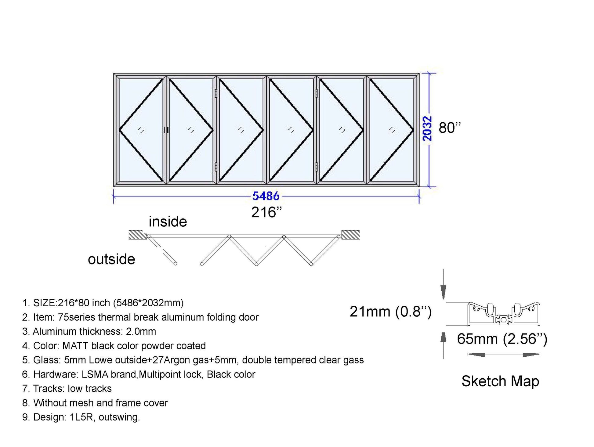 Aluminum Bifold Door 216"Wx80"H - OUT SWING FROM EXTERIOR VIEW image