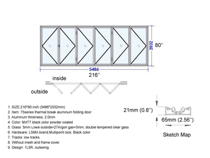 Aluminum Bifold Door 216"Wx80"H - OUT SWING FROM EXTERIOR VIEW image