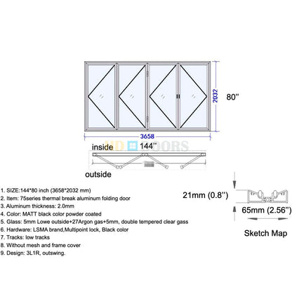Aluminum Bifold Door 144"Wx80"H - OUT SWING FROM EXTERIOR VIEW image