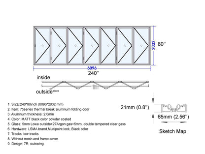 Aluminum Bifold Door 240"Wx80"H - OUT SWING FROM EXTERIOR VIEW image