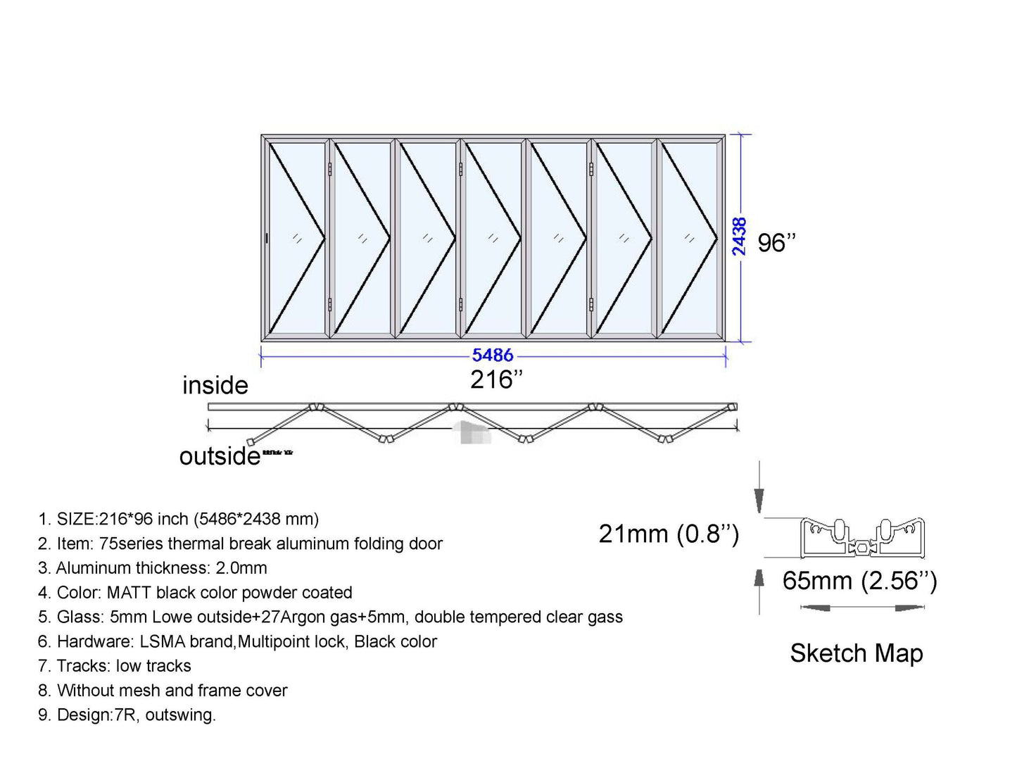 Aluminum Bifold Door 216"Wx96"H - OUT SWING FROM EXTERIOR VIEW image