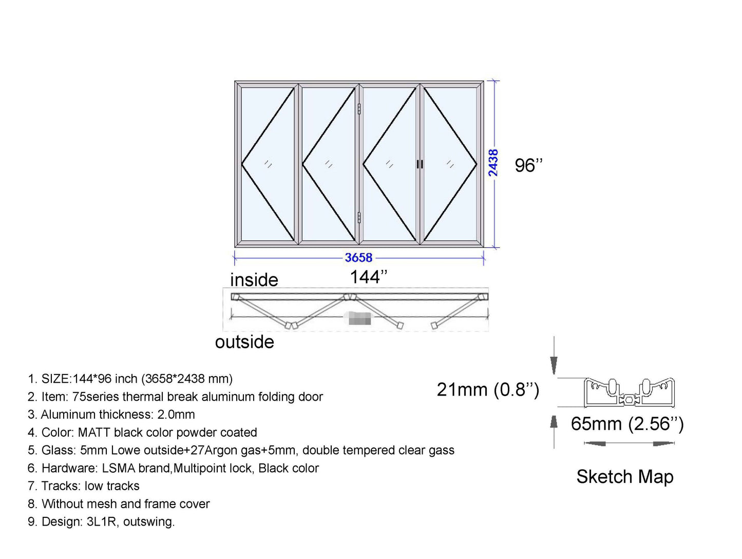 Aluminum Bifold Door 144"Wx96"H - OUT SWING FROM EXTERIOR VIEW image