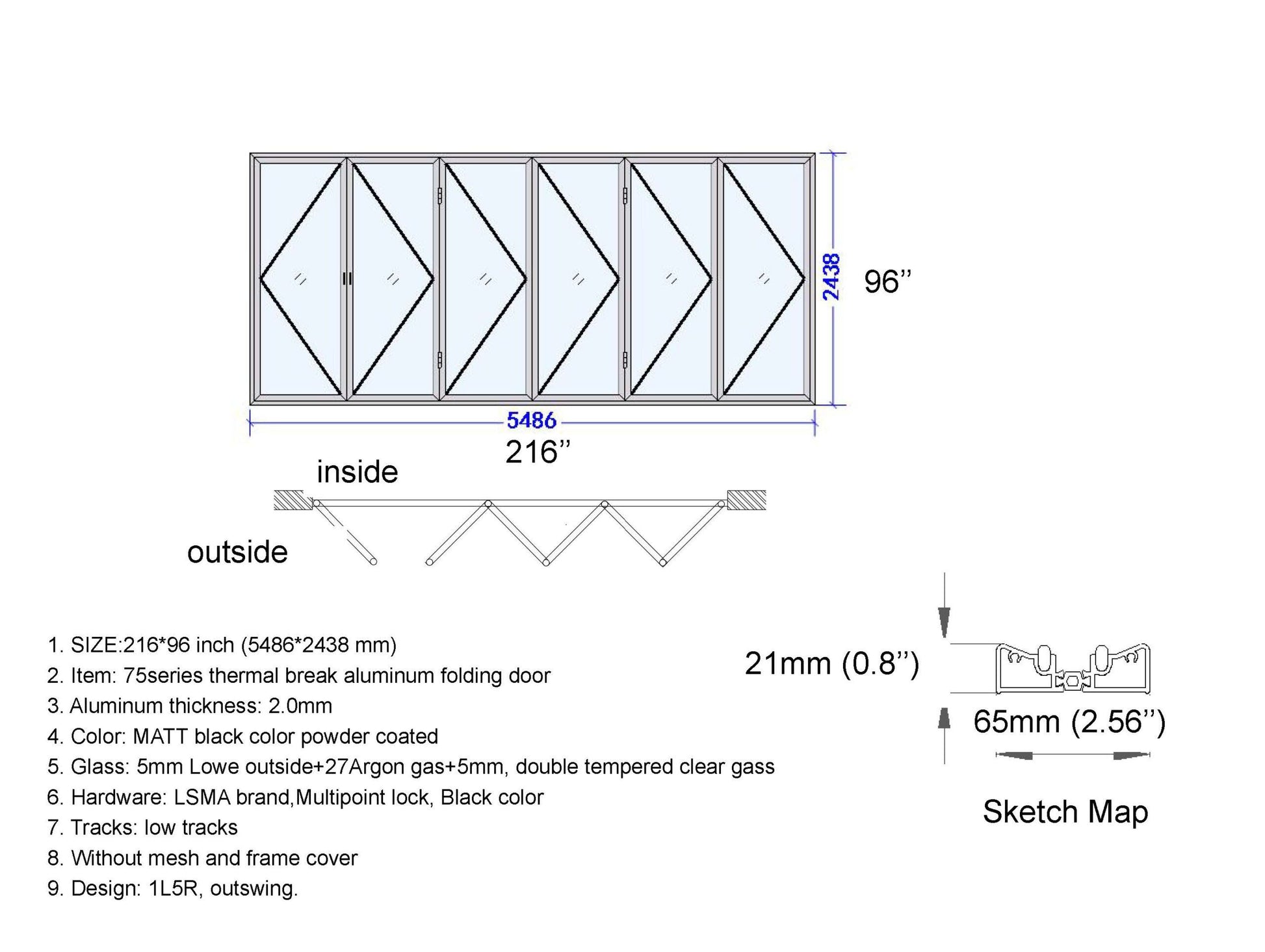Aluminum Bifold Door 216"Wx96"H - OUT SWING FROM EXTERIOR VIEW image