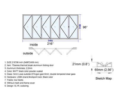 Aluminum Bifold Door 216"Wx96"H - OUT SWING FROM EXTERIOR VIEW image