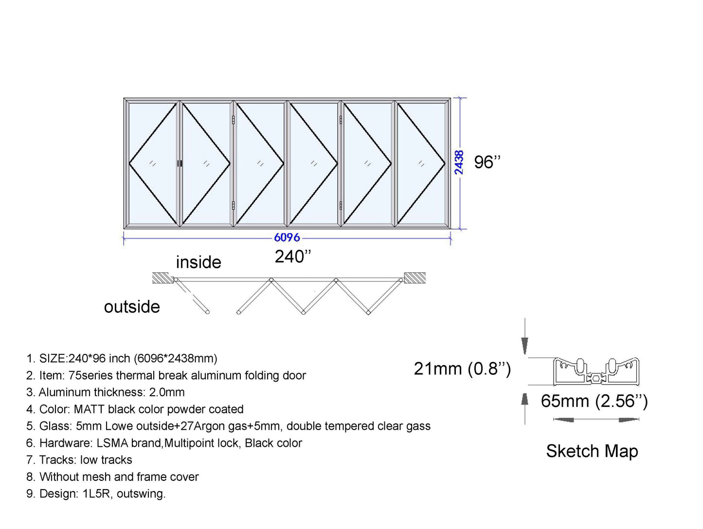 Aluminum Bifold Door 240"Wx96"H - OUT SWING FROM EXTERIOR VIEW image 1
