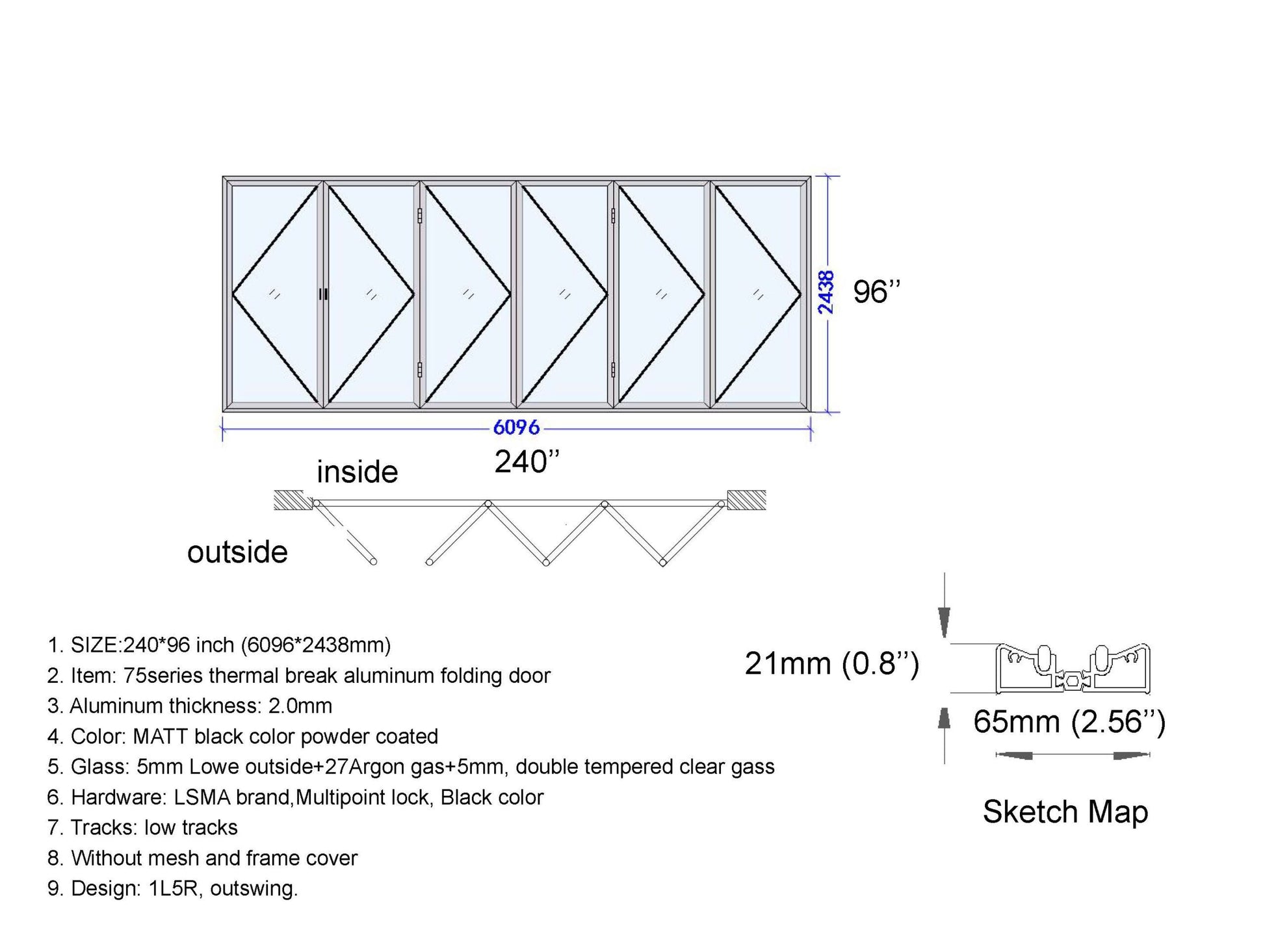 Aluminum Bifold Door 240"Wx96"H - OUT SWING FROM EXTERIOR VIEW image 1